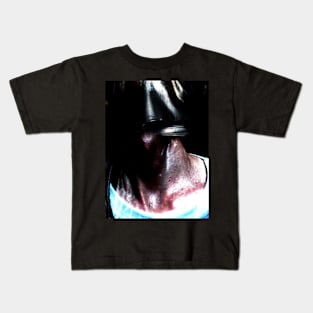 Portrait, digital collage and special processing. Neck close up. Strong guy in leather mask. High contrast. Kids T-Shirt